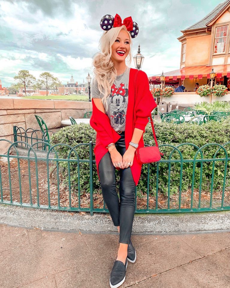 cute Disney outfit for women with black leggings and red sweater