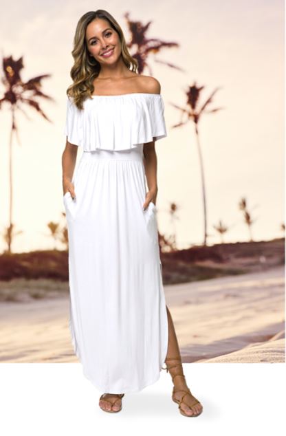 cute white off shoulder maxi vacation dress