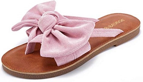 cute light pink suede flip flop sandals for women with bow