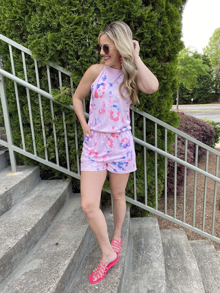 cute pink romper outfit with pink sandals on Amazon