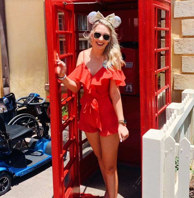 cute epcot outfit for summer, fall, spring with red romper and minnie ears