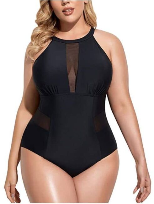 Daci plus size one piece swimsuit in black with high neck and mesh for curvy women on Amazon