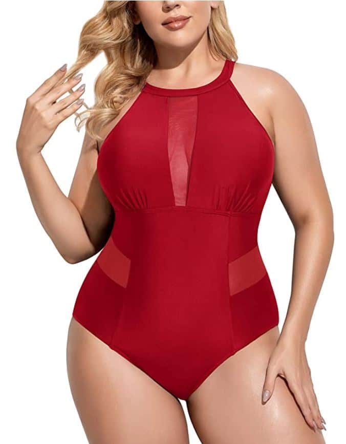 Daci Plus Size One Piece Swimsuit for plus size apple shape with mesh cutout monokini in red for plus size par