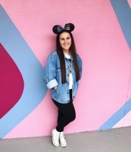 cute Disney Epcot outfit with black leggings and jean jacket for fall