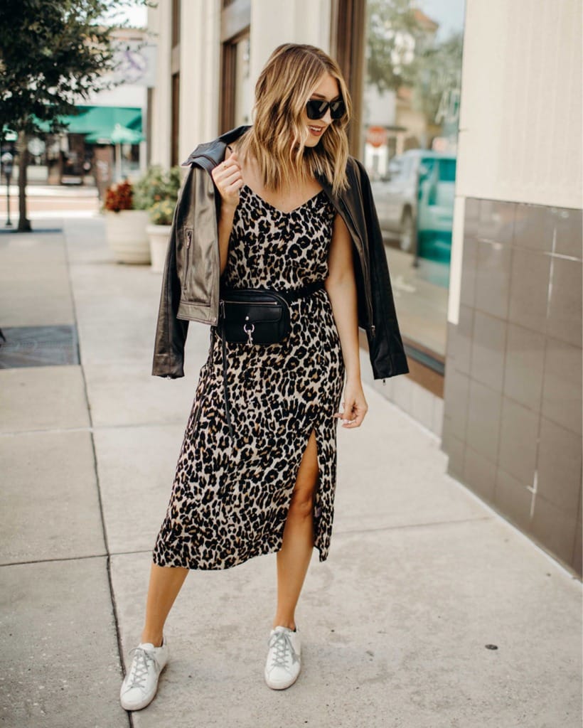 Leopard Print Outfit Idea with Leopard Print Dress, Sneakers, and Leather Jacket