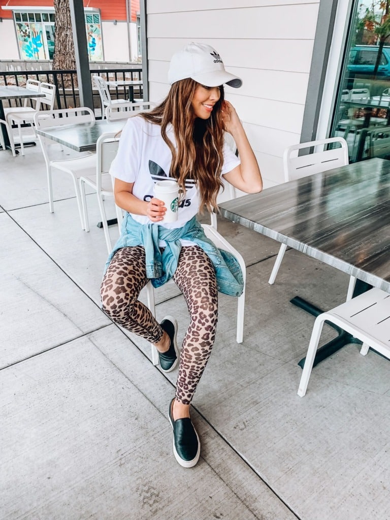 leopard print outfit with leopard print leggings by Colorfulkoala, Adidas t-shirt, and sneakers