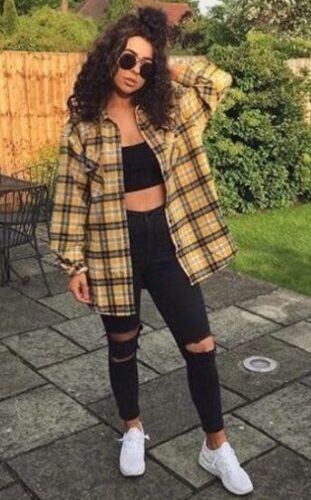 plaid baddie outfit with ripped black jeans