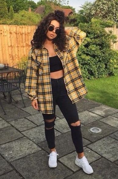 plaid baddie outfit with ripped black jeans