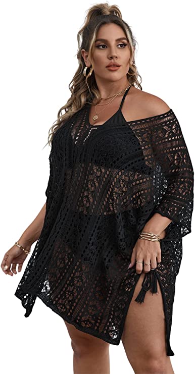 sexy black beach crochet plus size cover up