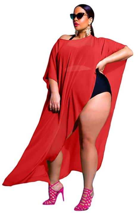 Prime leader red draped plus size cover up for apple shape, curvy, and pear shape women