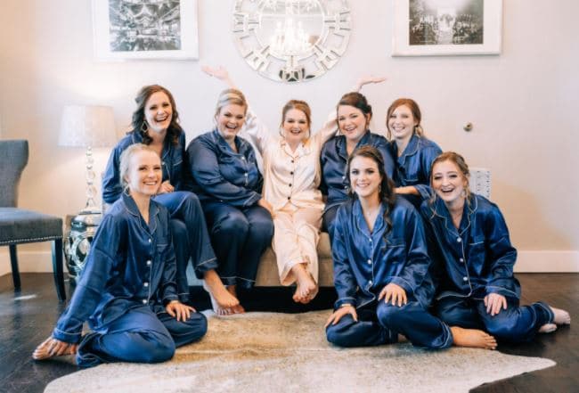 cheap bridesmaid pajamas in navy blue silk with pants and long sleeves