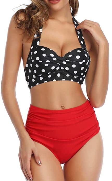 Tempt Me Women Vintage Swimsuit Two Piece Retro Halter Ruched High Waist Bikini with black and white polka dots for curvy women on Amazon