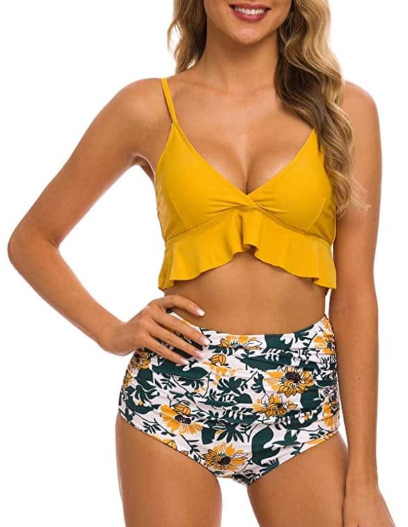 two piece swimsuit for tweens and juniors with ruffled and padding by Coskaka in yellow and green