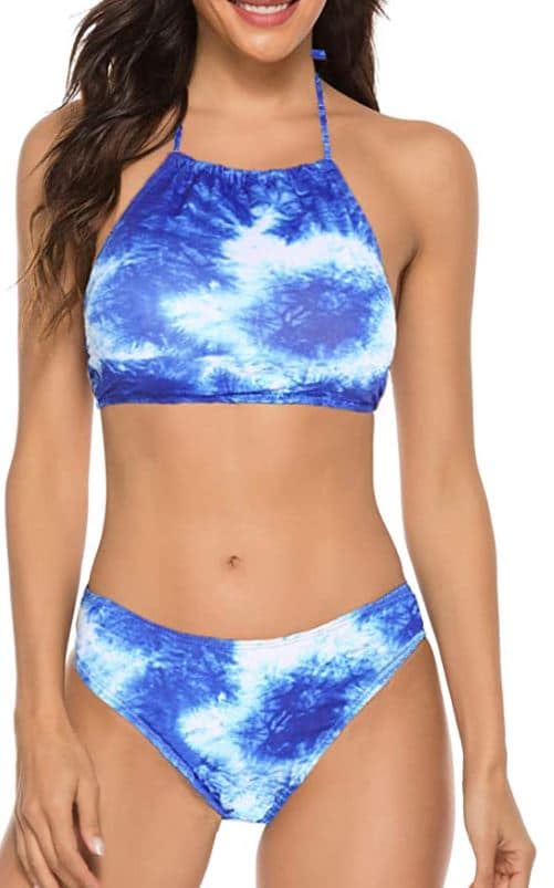 two piece halter swimsuit for tweens and juniors with padding in tie dye by Naggoo