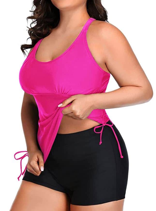 Yonique Women Plus Size Tankini Swimsuit Geometric Bathing Suit Top with Shorts for apple shape in hot pink