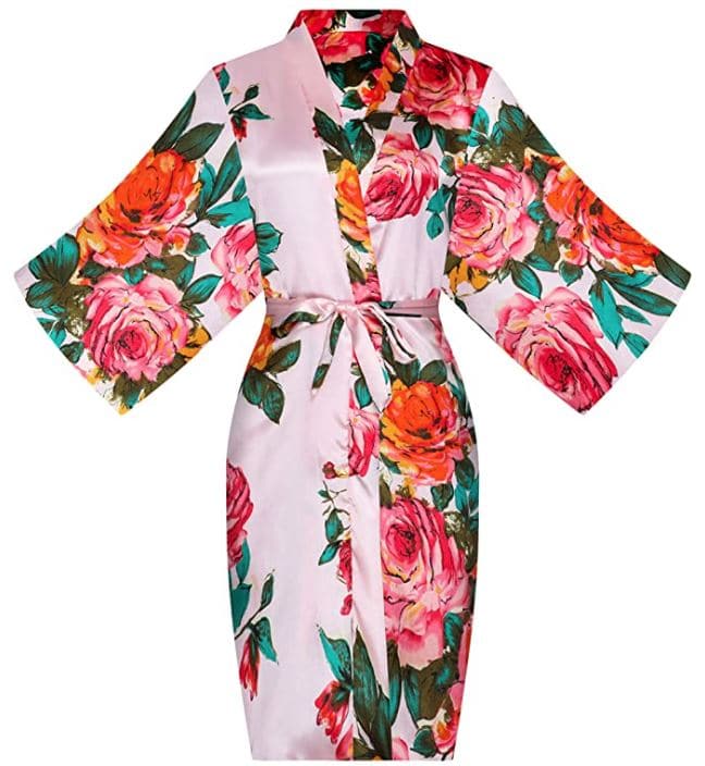 ALHAVONE Women's Rose Flowers Silky Satin Short Kimono Robe for Wedding Bride and Bridesmaid Robe