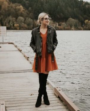 fall outfit with Amoretu dress, jacket, and knee high boots from Amazon