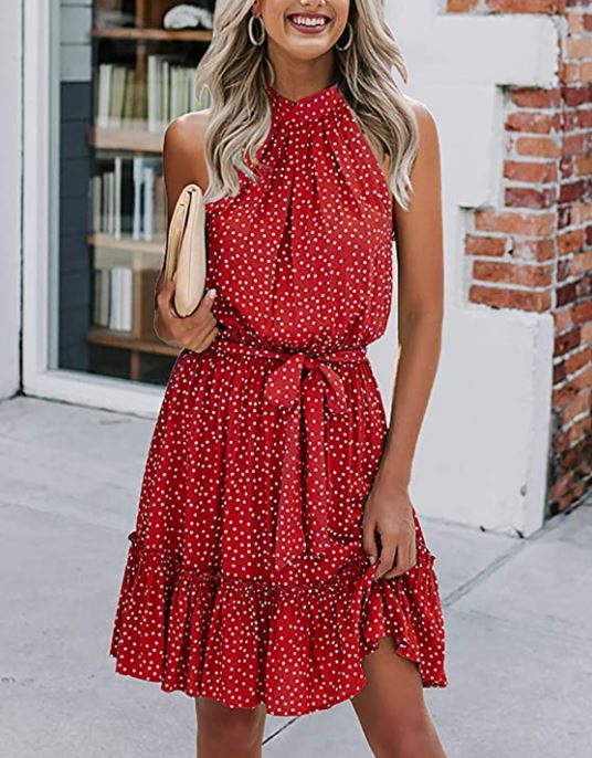 BTFBM red polka dot halter mini dress for women