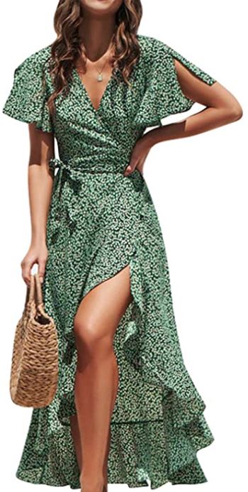 BerryGo green fall floral dress with high slit and sleeves
