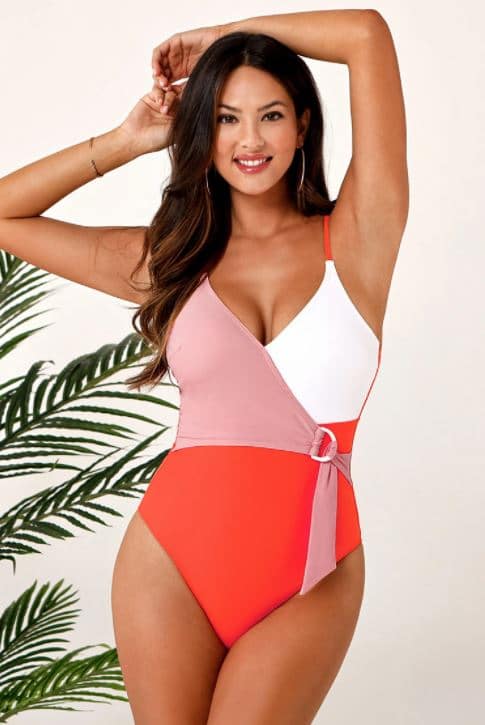 CUPSHE crisscross light pink, white, and orange one piece swimsuit with tie and v neck