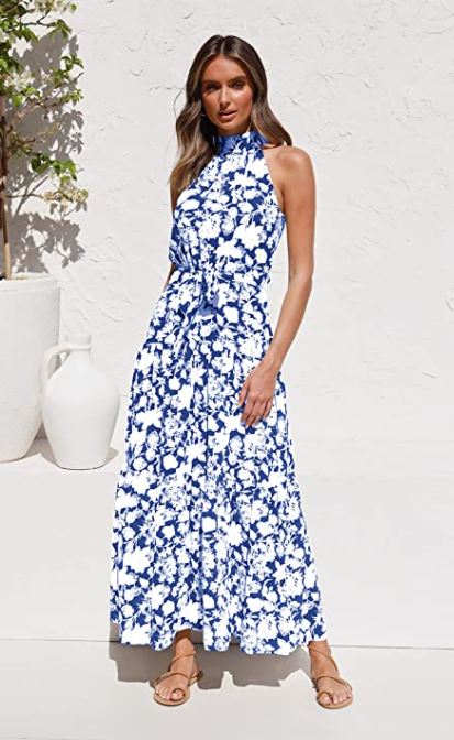 white and blue floral print halter maxi dress