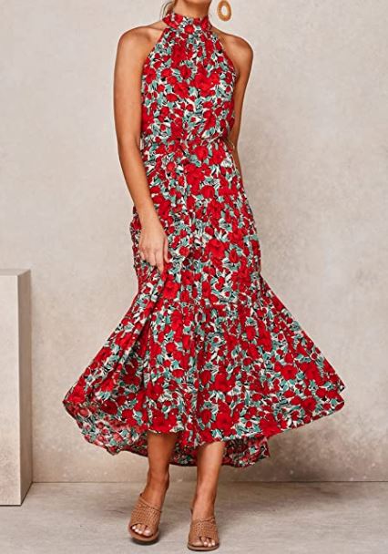 ECOWISH red fall floral halter dress