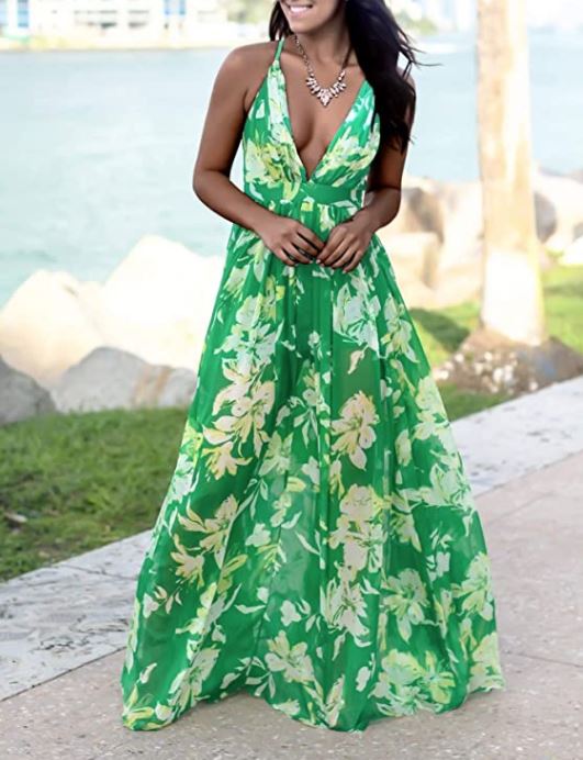 green floral print v neck maxi dress for wedding guests, beach vacation, and summer by FANDEE
