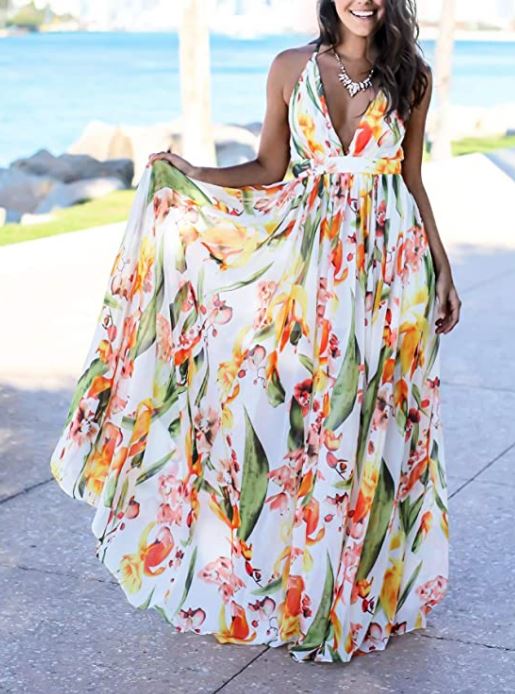 FANDEE white floral maxi dress for wedding guest
