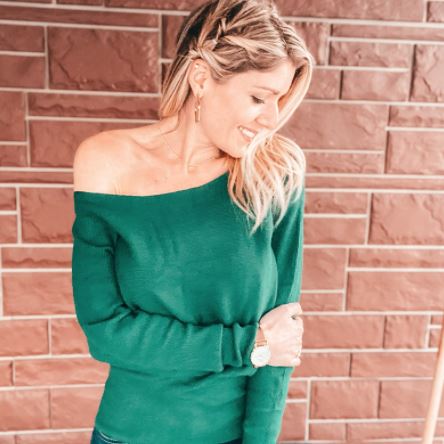 Fiersi green off shoulder sweater for fall outfits
