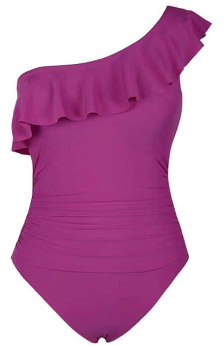 Hilor hot pink and purple one piece off the shoulder swimsuit with ruffles