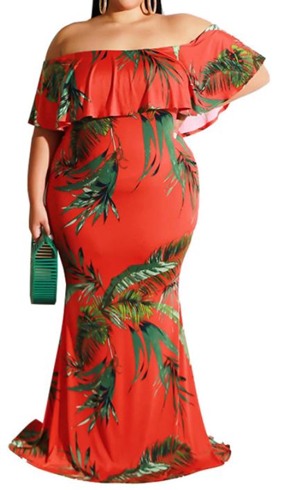 IyMoo Womens Plus Size Vintage Ruffle Floral Printed Off Shoulder Bodycon Long Party Maxi Dress for summer