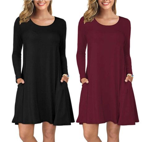 long sleeve swing dress with pockets for casual fall outfits by LONGUAN