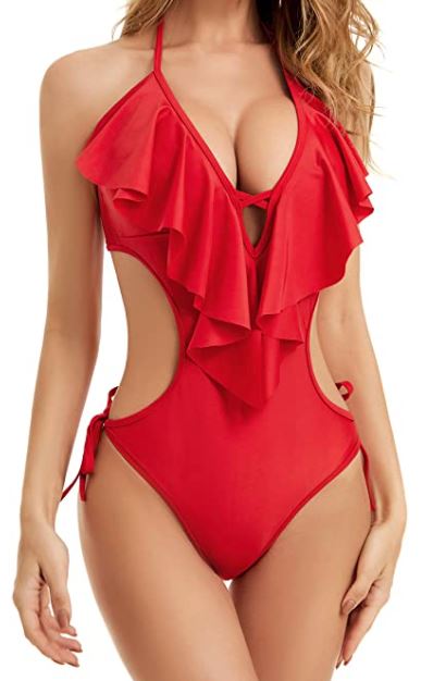 plunge v neck red ruffle laced monokini by Lomitti
