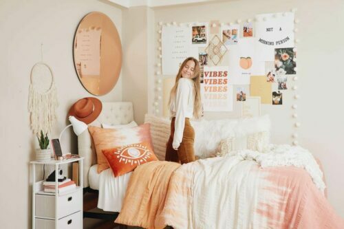orange and white boho dorm room idea
