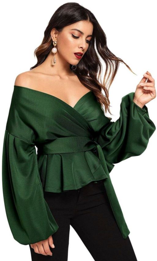 SHEIN off the shoulder green blouse with jeans for date night