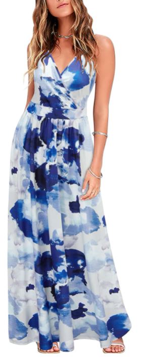 light blue and white floral v neck maxi summer dress for wedding guests by VOTEPRETTY