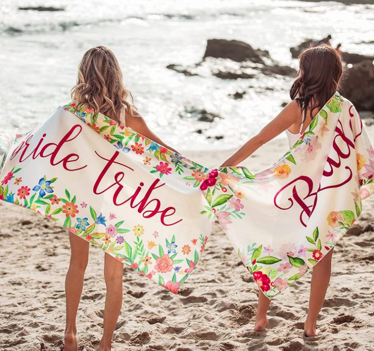 bachelorette party beach towels with "bride tribe" in sets of 4 and sets of 6