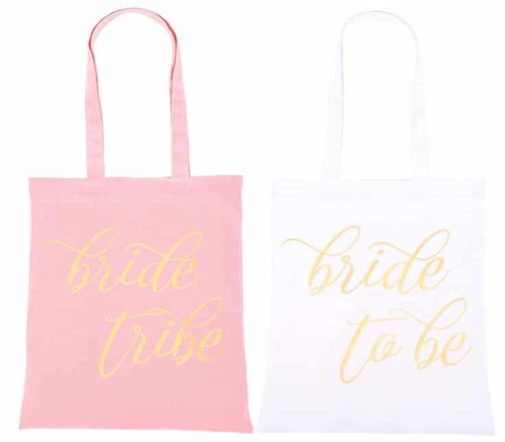Bridal Party Bags - 5-Pack Canvas Tote Bags 1 Bride to Be and 4 Bride Tribe in Gold Foil 100% Cotton Tote for Women Bridal Shower Wedding Party Favors Bridesmaid Gifts White and Pink