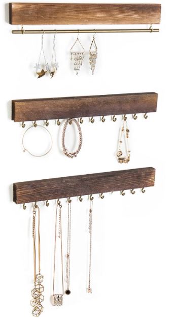 Wall-Mounted Rustic Wood & Gold Tone Metal Jewelry Organizers / 24 Hook Necklace & Bracelet Racks/Hanging Earring Bar for college packing list