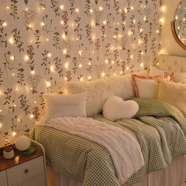 College Dorm Room Decor Idea with Wallpaper and String Lights