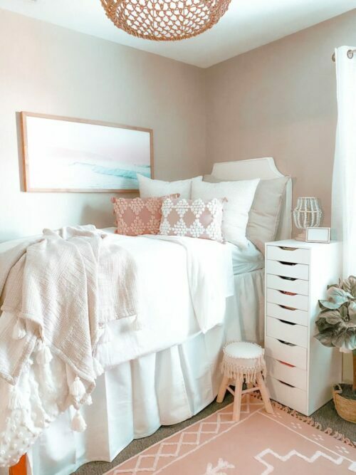 boho dorm room idea orange and cream