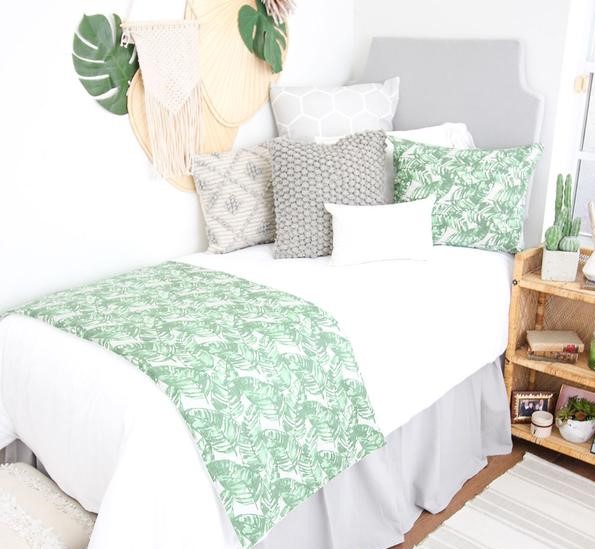 green and white tropical dorm room theme