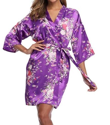 iFigure Women Floral Kimono Robe Satin Bridal Dressing Gown Bride Bridesmaid Robes Sleepwear in deep purple