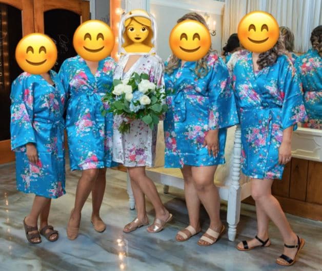 light blue and turquoise tropical bridesmaids satin robes by Mignon Cromwell