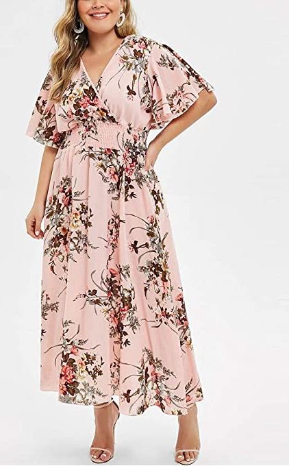 light pink plus size boho flower tropical dress