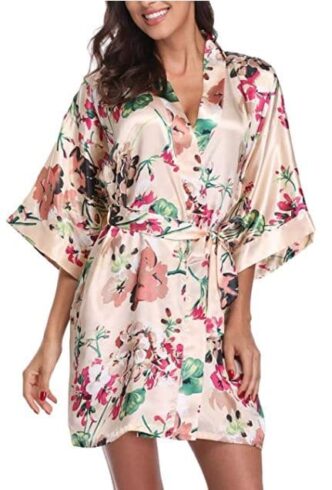 Season Dressing light pink, cream, floral, tropical kimono satin robe