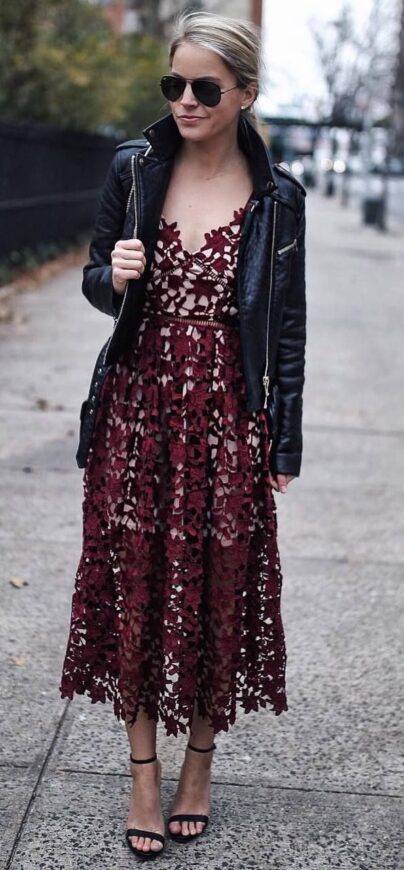 midi dress with leather jacket for fall date night outfit