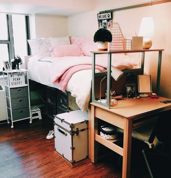 pink and black college dorm room idea