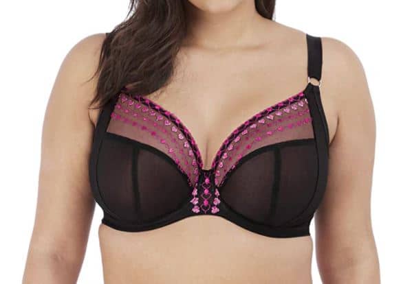 black plus size large bust bra by Elomi in black with pink and red hearts