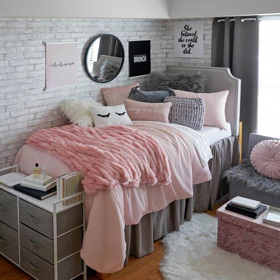 pink and grey dorm room ideas